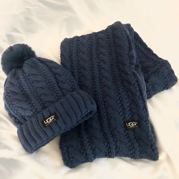 UGG Navy Blue Cable Knit Beanie and Scarf Set - Picture 2 of 6